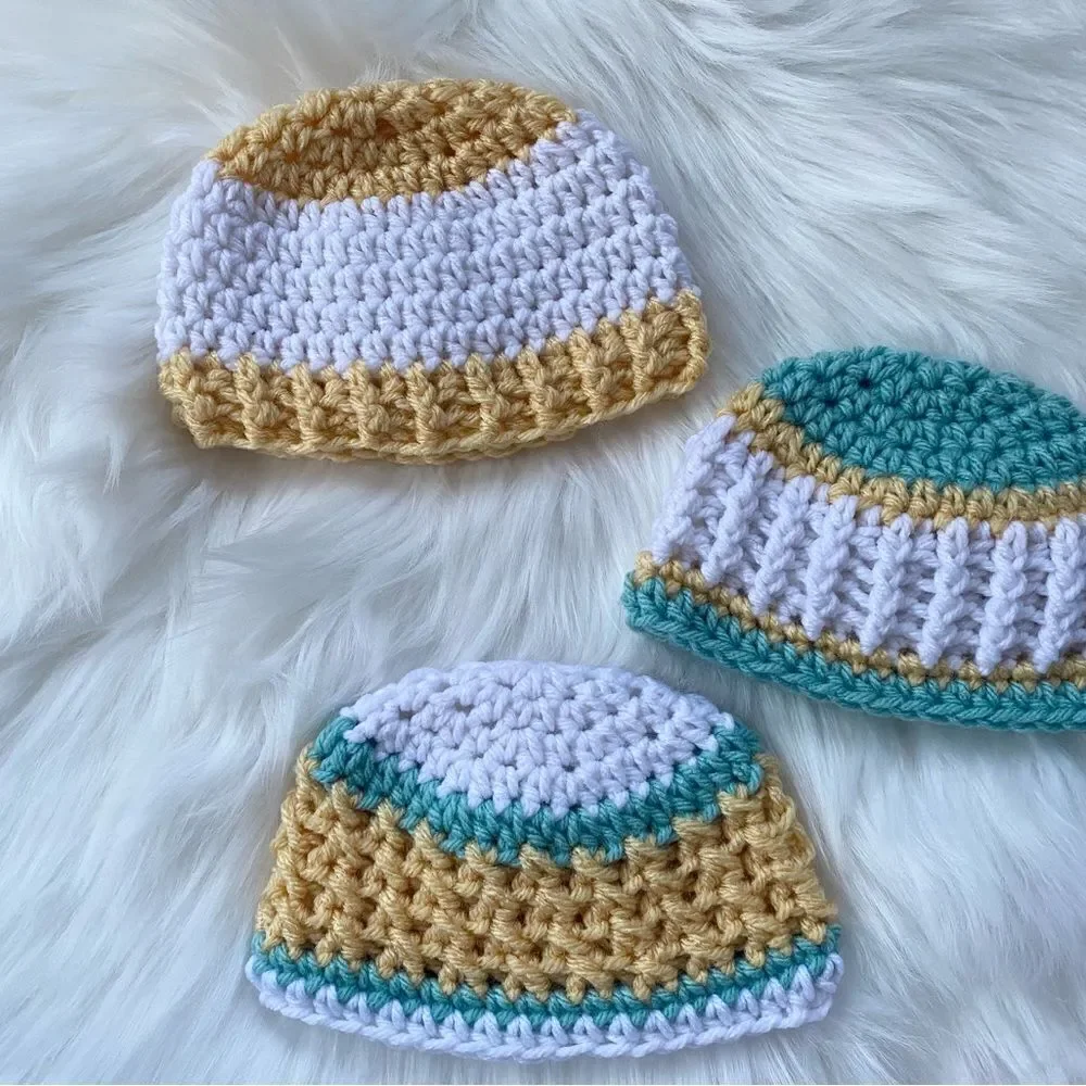 Newborn Baby Crochet Hat Set of 3 Yellow Grey Mint Green 0-3